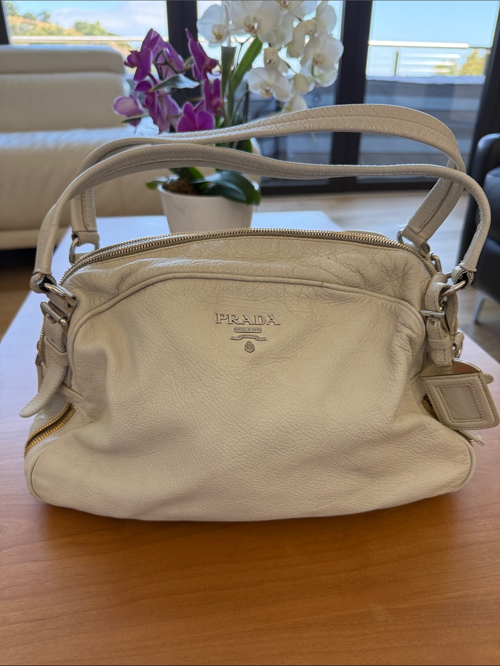 Prada Cream Leather Shoulder Bag